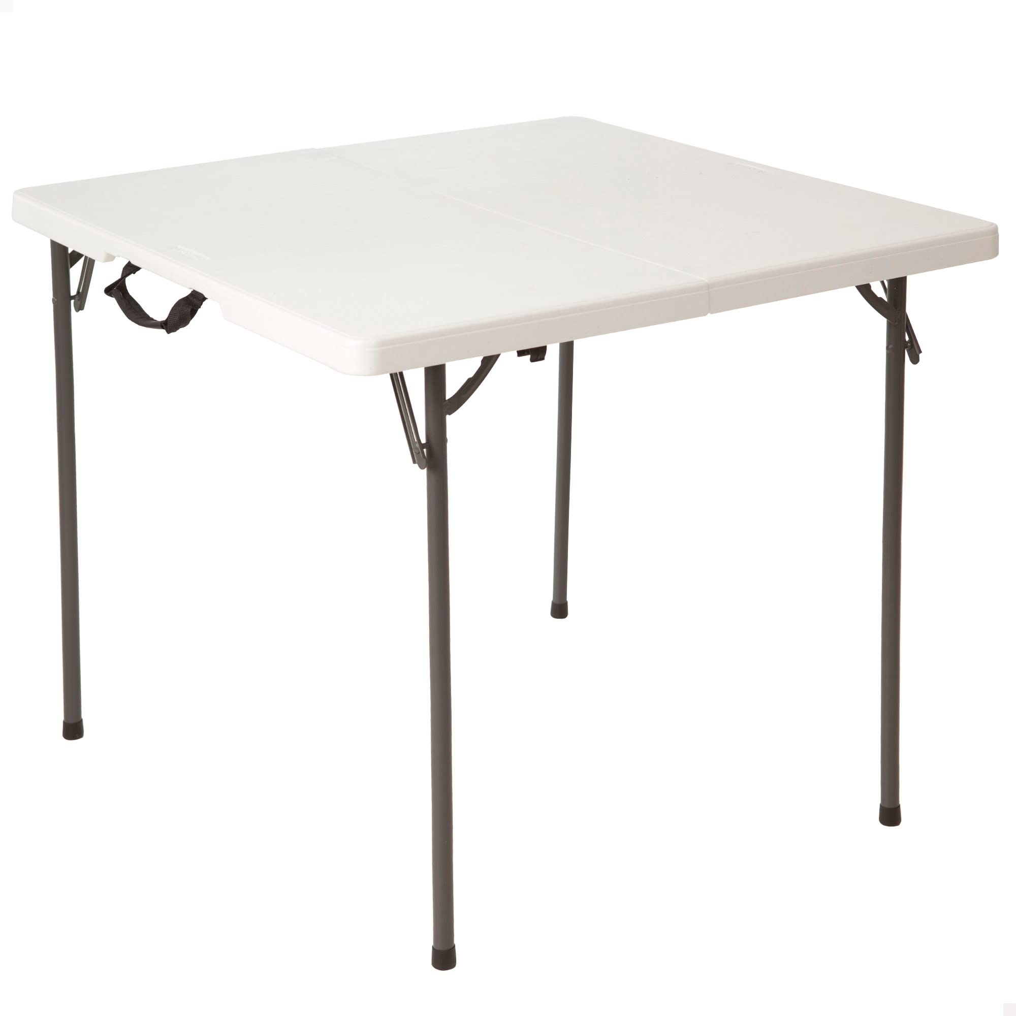 Lifetime 80273 fold-in-half table open dimensions, sturdy HDPE top for indoors.