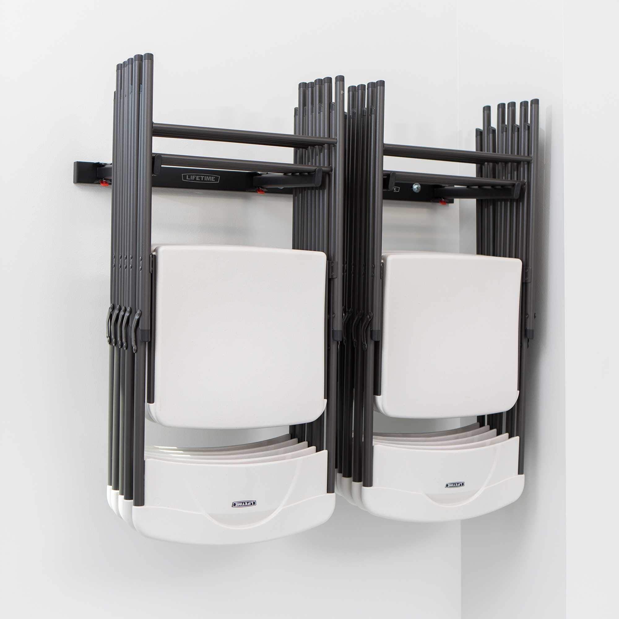 LIFETIME 80719 wall-mounted chair rack front view demonstrates space-saving storage for up to ten chairs
