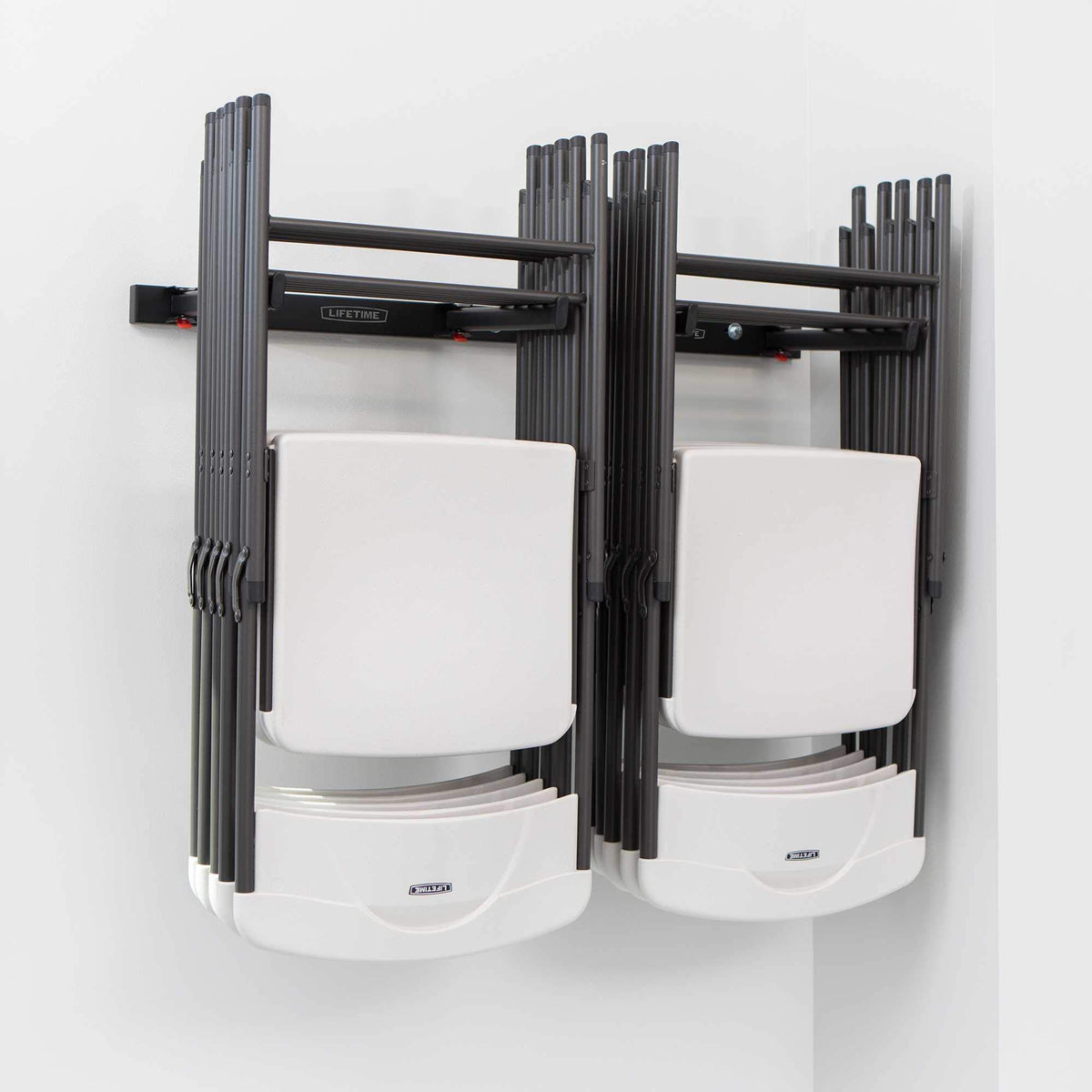 LIFETIME 80719 wall-mounted chair rack front view demonstrates space-saving storage for up to ten chairs