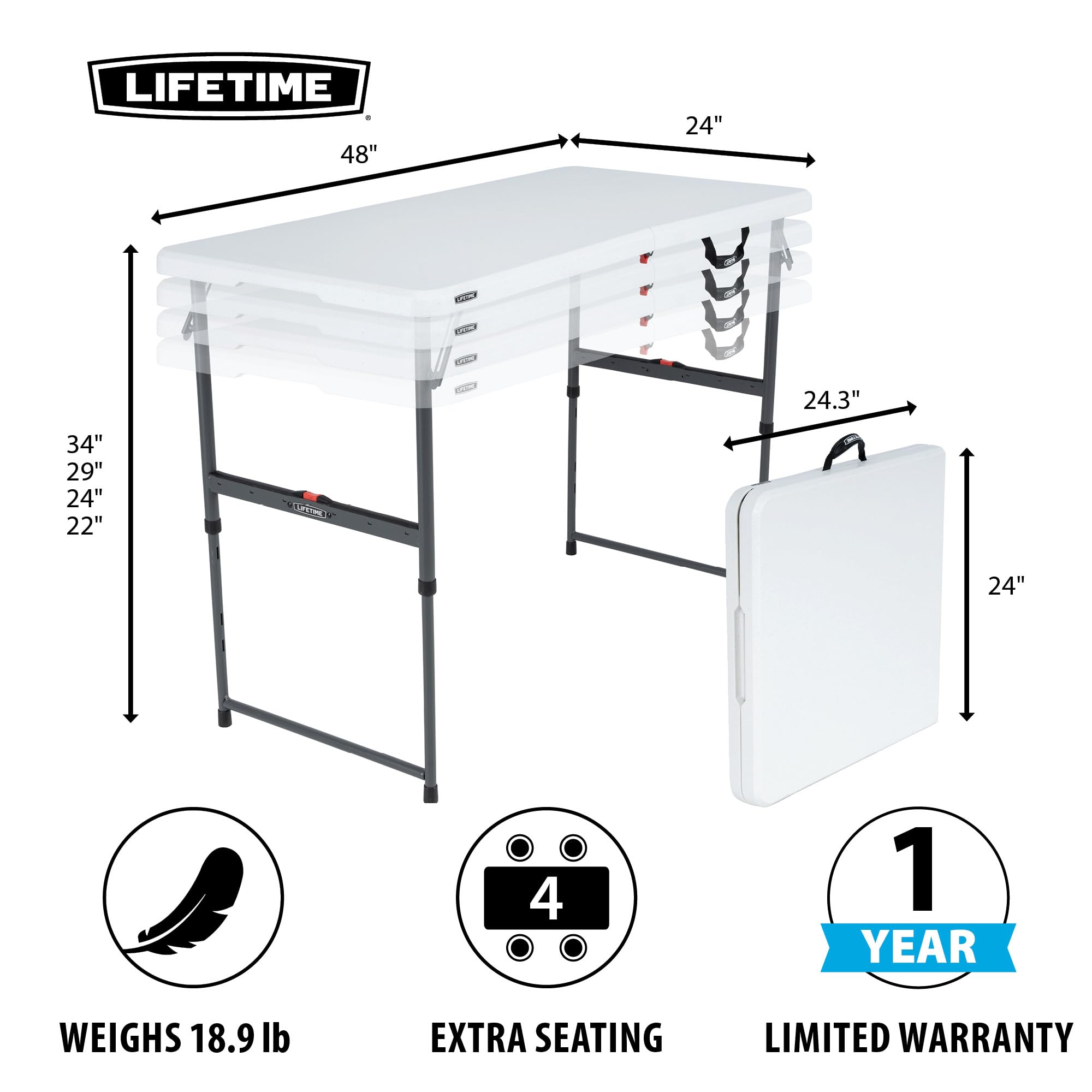 Lifetime height adjustment with one-hand operation for effortless serving and workspace changes.