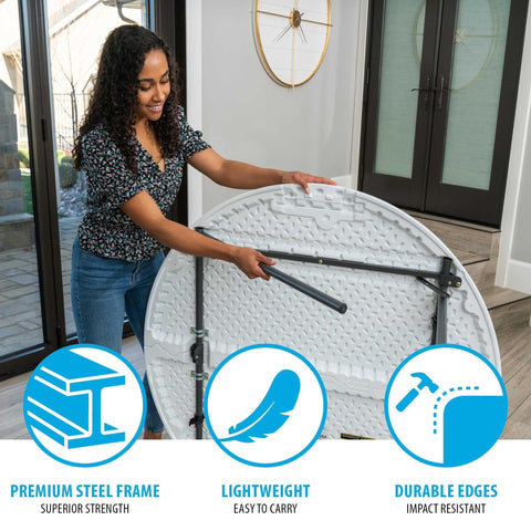 LIFETIME folded table with secure locking system for safe storage.