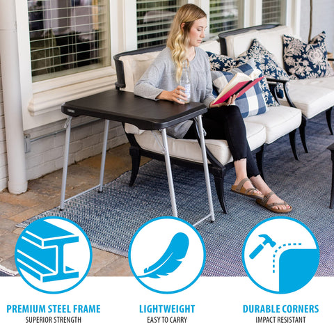 LIFETIME table wide foot stance offers comfortable seating and movement.