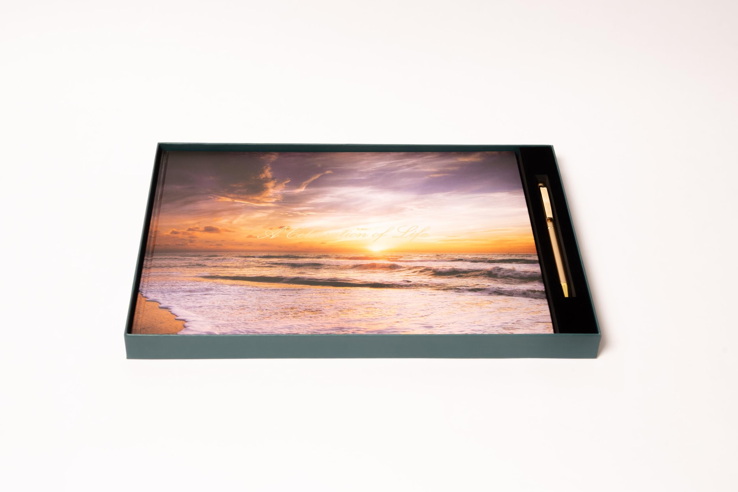 LIFETOO Ocean Funeral Guest Book with included pen for smooth signatures.