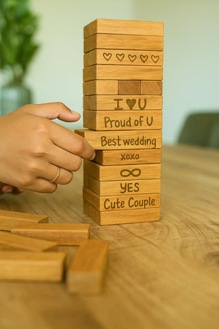 LIFETOO wooden block guest book on a coffee table display of cherished wishes