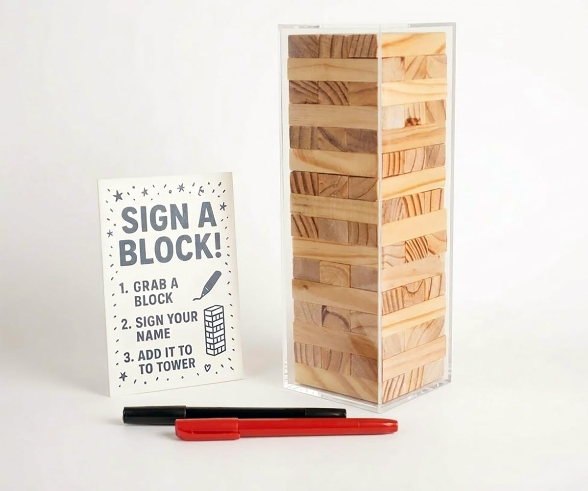 LIFETOO wooden block guest book tower showing signatures for lasting memories