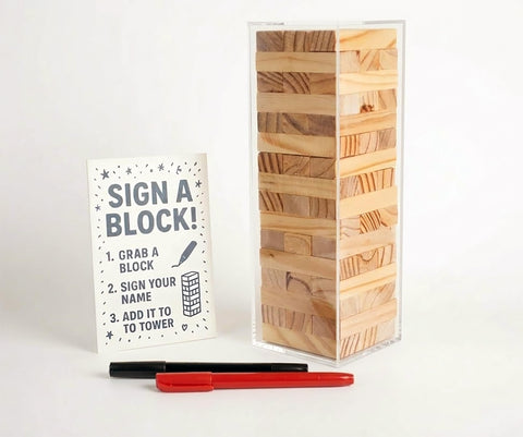 LIFETOO wooden block guest book tower showing signatures for lasting memories