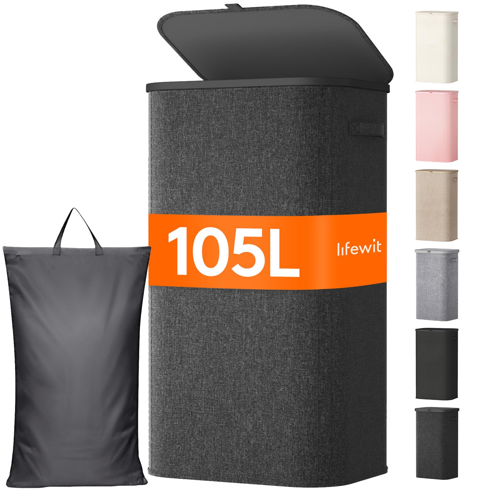 Lifewit 105L laundry basket with lid in a bedroom keeps clothes organized.