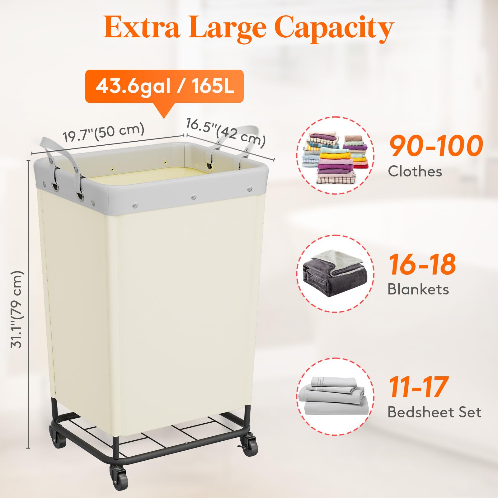 Lifewit 165L basket with wheels, side handle for easy maneuvering