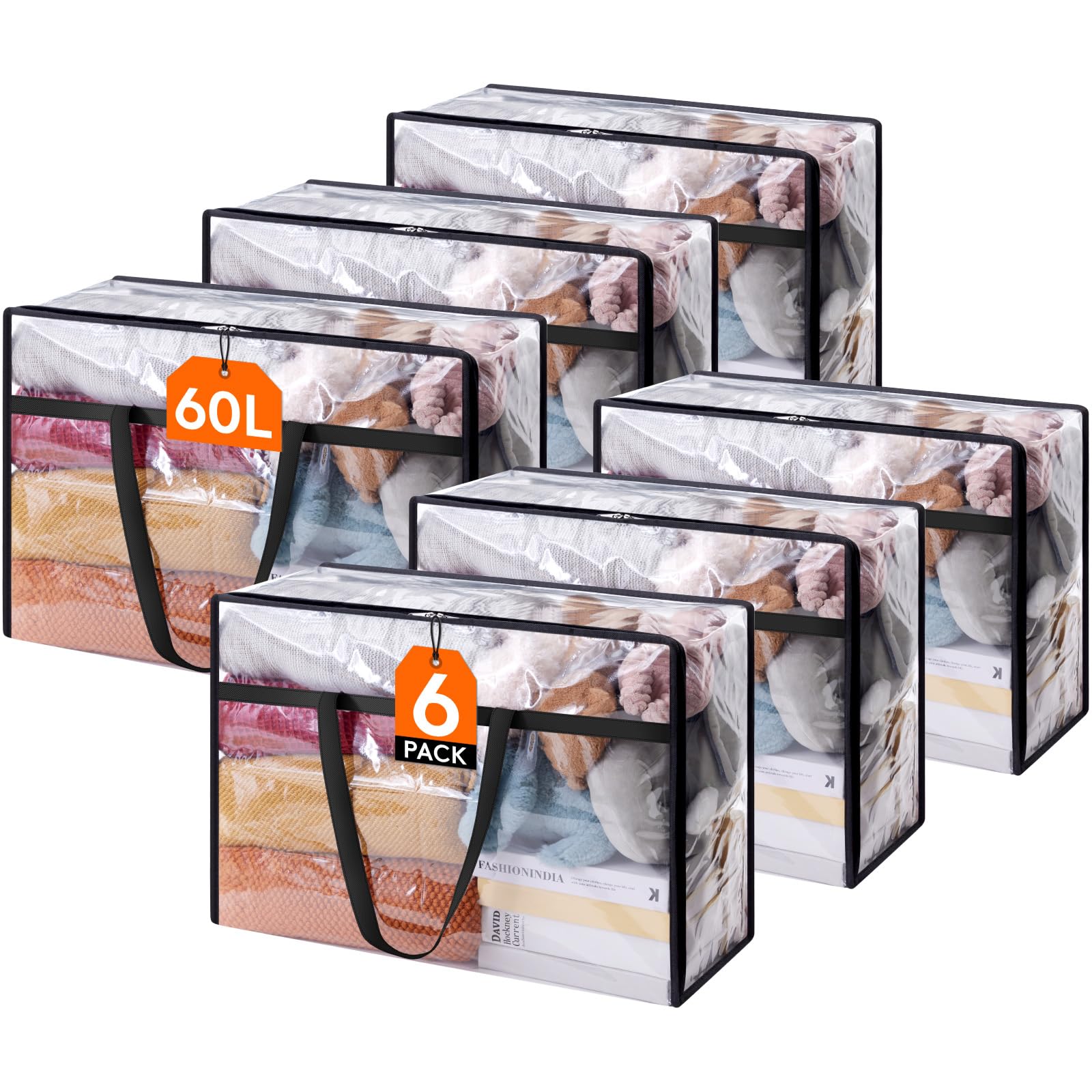Lifewit 6-pack clear clothes storage bags with 60L capacity for quick visibility.