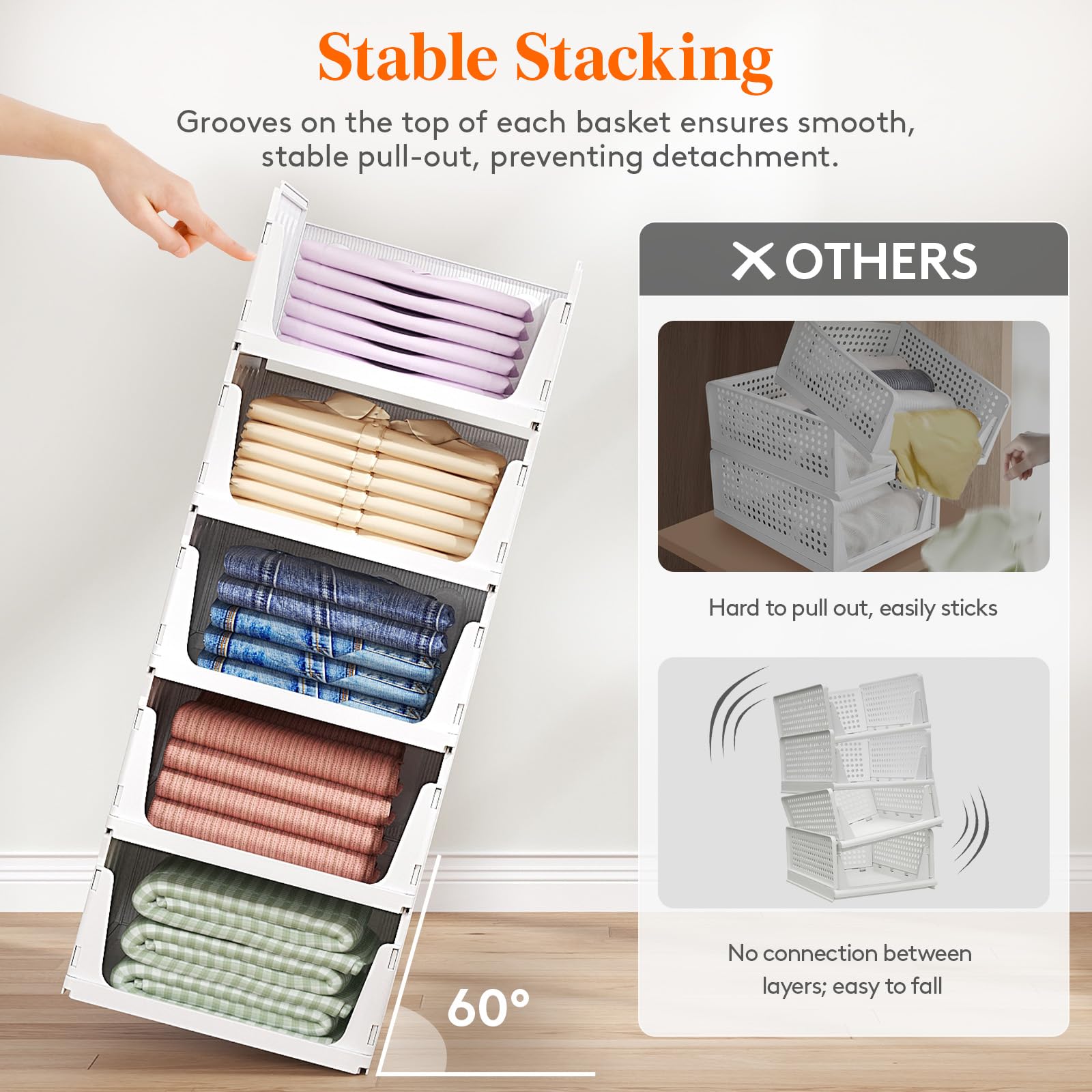 Lifewit stackable bins closeup shows sturdy PP plastic and secure grooves