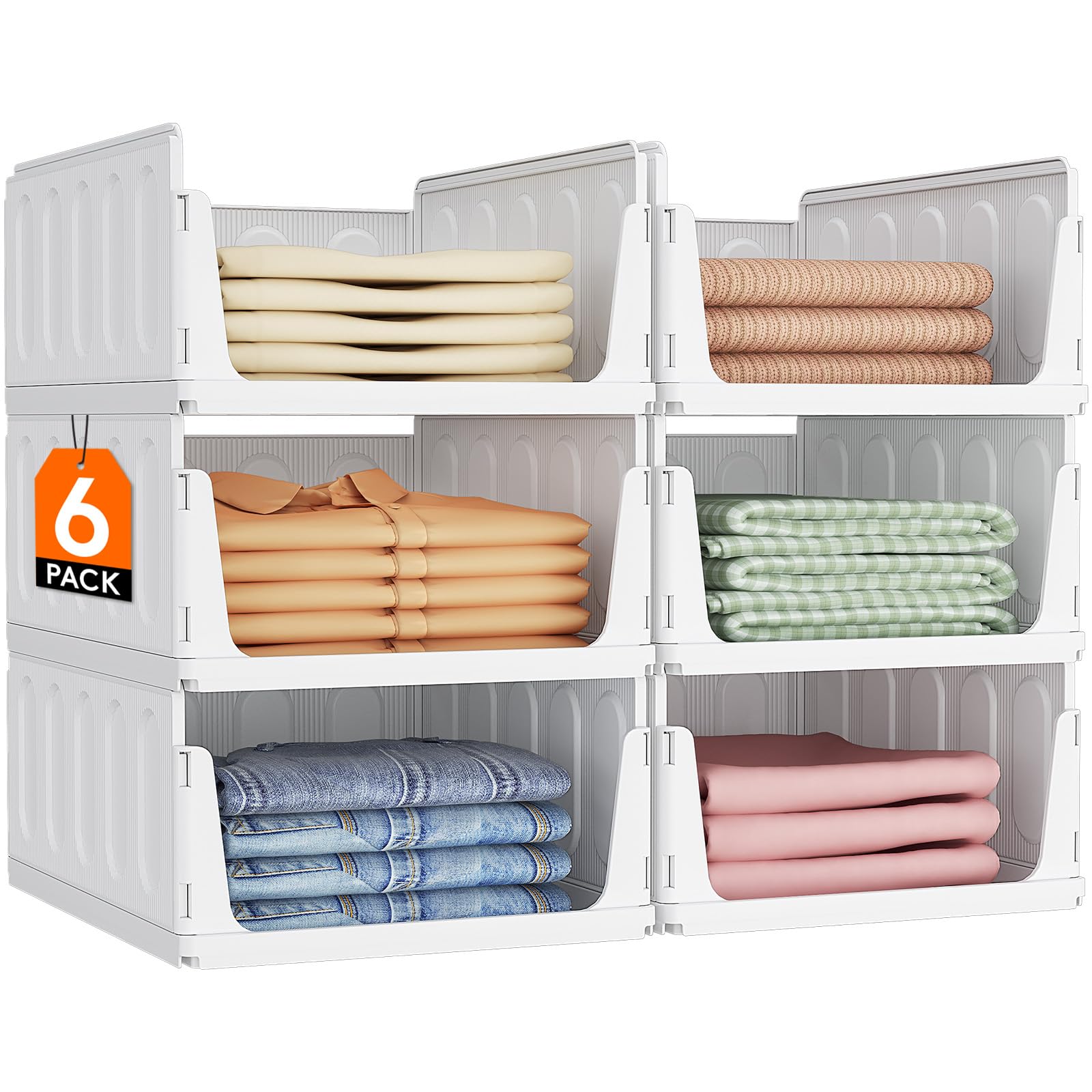 Lifewit 6-pack stackable closet organizers viewed from top for space-efficient wardrobe storage