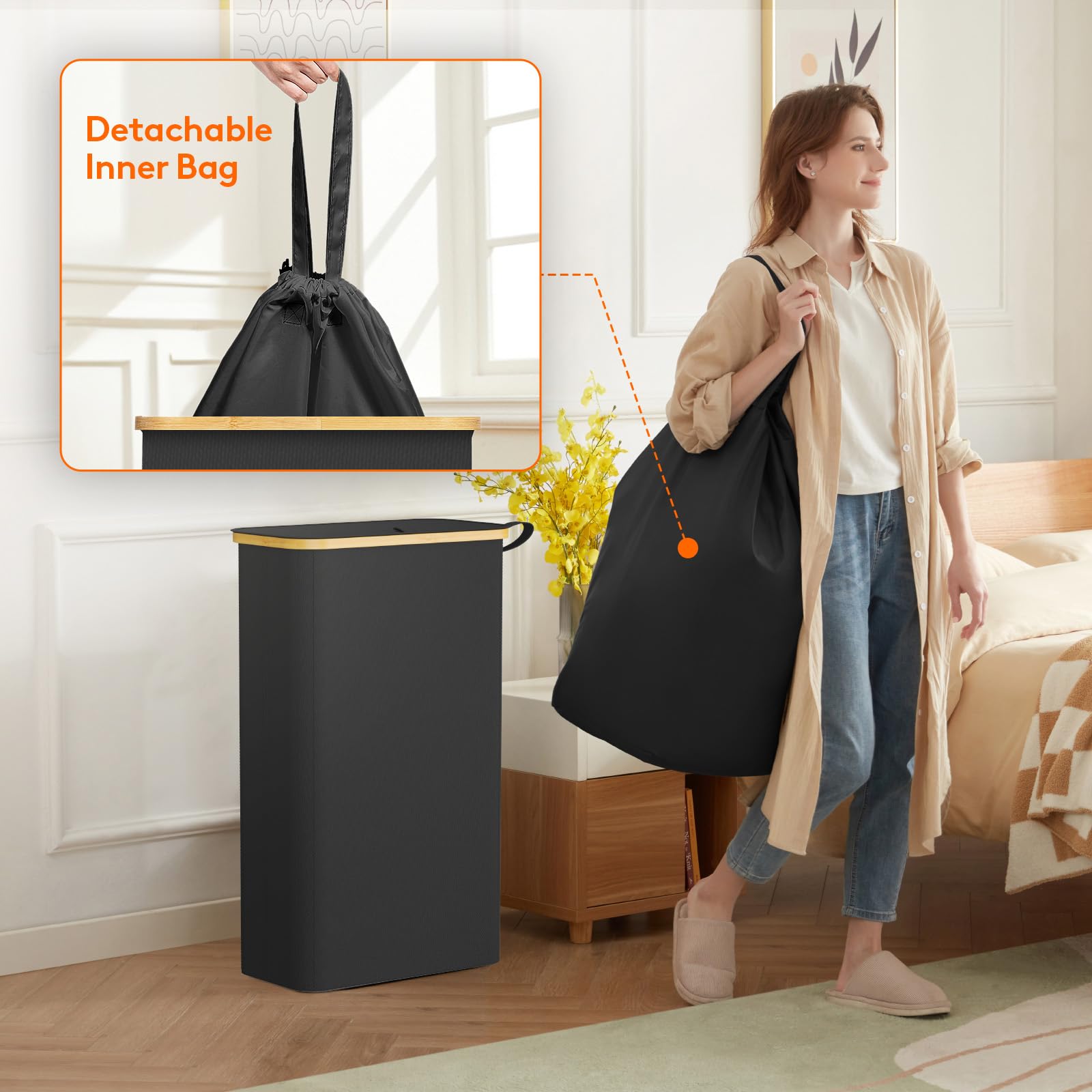 Lifewit bamboo handles provide sturdy grip while carrying laundry.