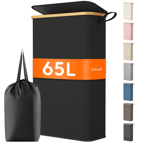 Lifewit 65L slim laundry hamper with lid keeps clothes neatly contained.
