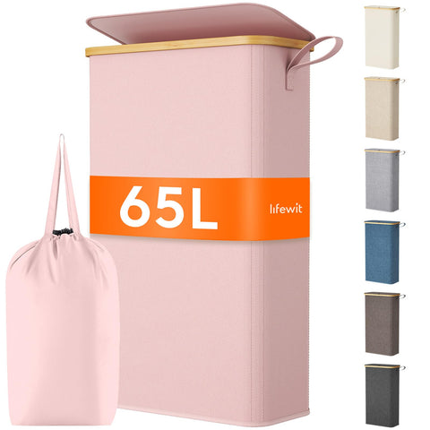 Lifewit 65L slim laundry hamper with lid showing compact space fit and quick access