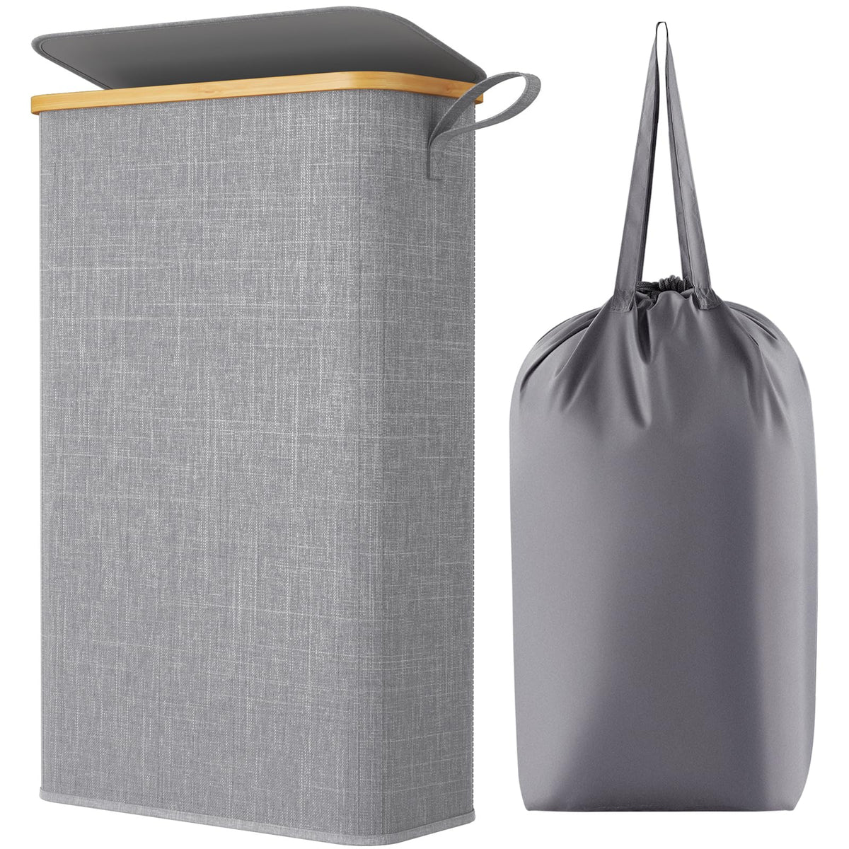 Lifewit 65L slim laundry hamper with lid shown in a small space, highlighting compact design and capacity.