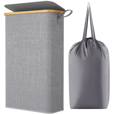 Lifewit 65L slim laundry hamper with lid shown in a small space, highlighting compact design and capacity.