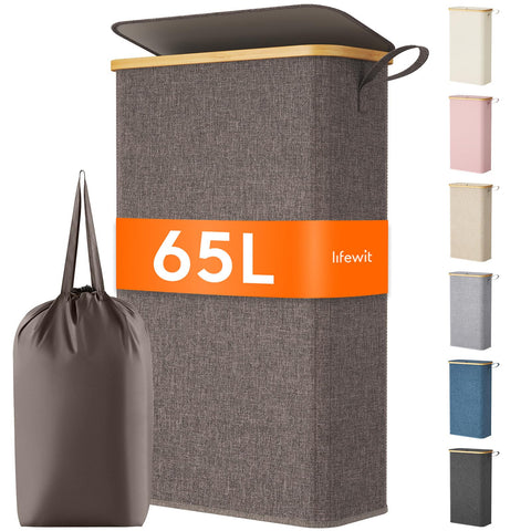 Lifewit 65L slim laundry hamper with lid shown in a small room for space saving.