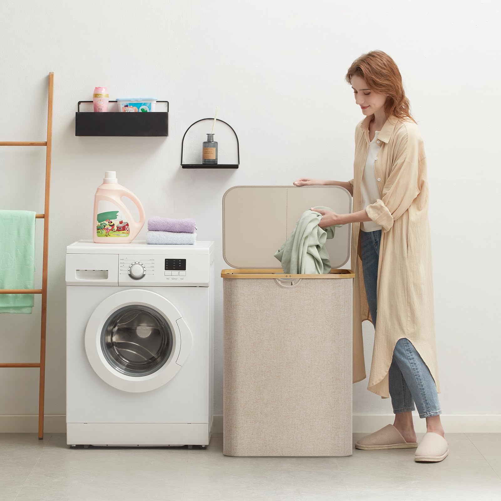 Lifewit laundry bin with bamboo handles for easy transport.