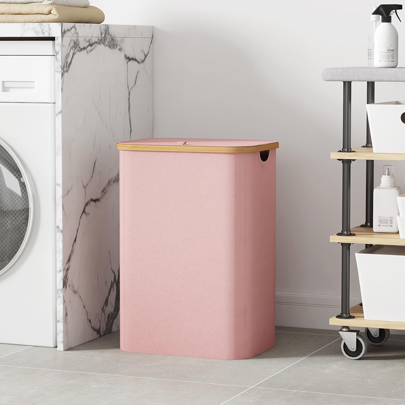Lifewit laundry basket with bamboo handles provides a sturdy grip.
