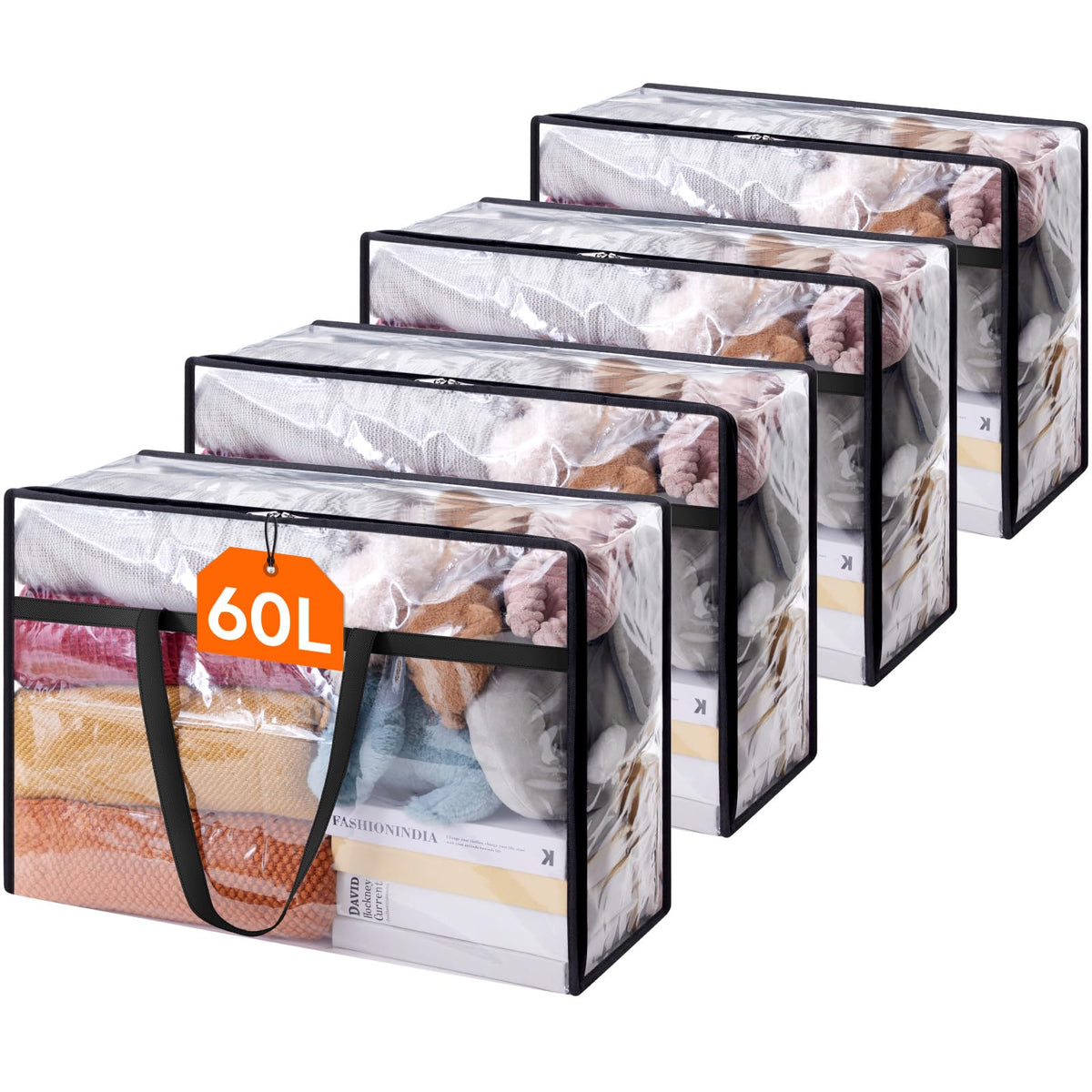 Lifewit clear bags showing 60L bedding storage for easy access