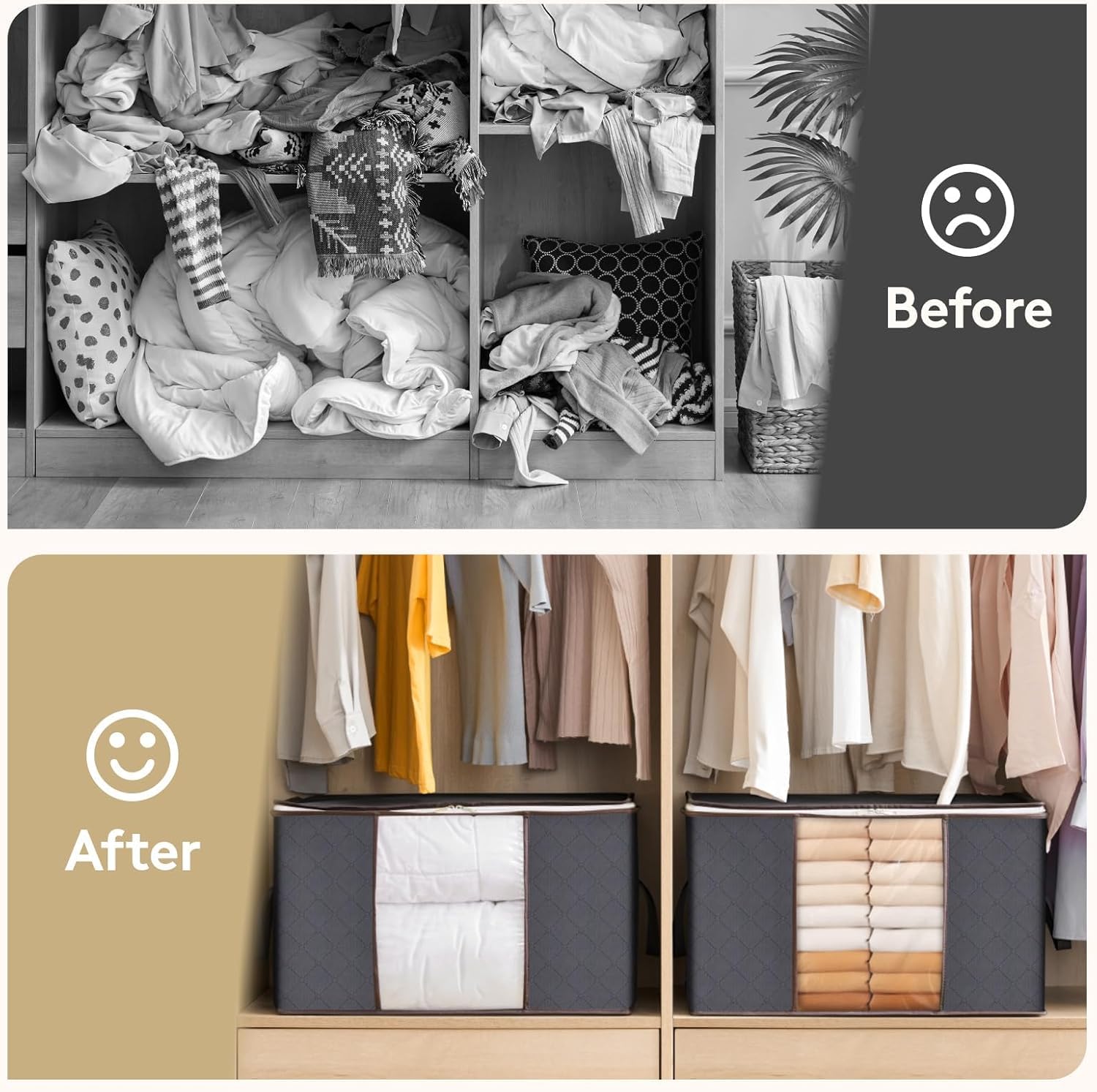 Lifewit dorm room organization uses these bins for bedding and clothes.