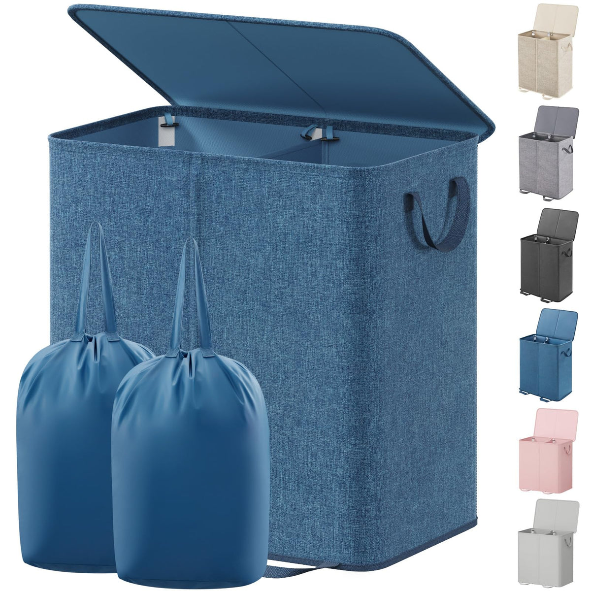 Lifewit double laundry hamper lid open, concealing dirty clothes in a tidy bedroom.