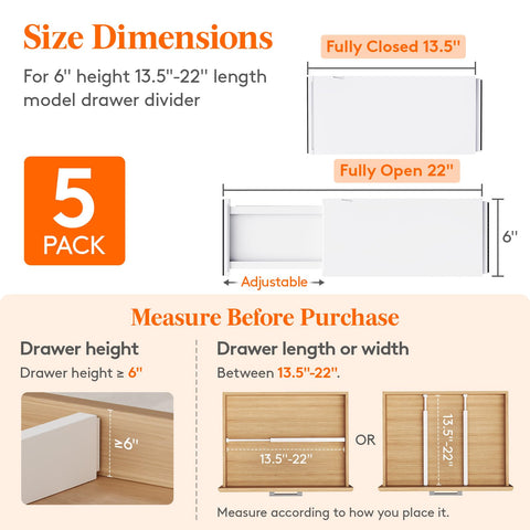 Lifewit adjustable-length dividers fit 13.5–22 in drawers for flexible organization.