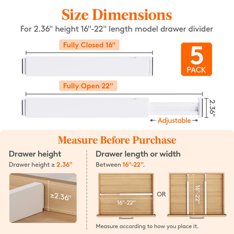 Lifewit drawer dividers length adjustment demonstrates 16-22 inch fit for different drawers.
