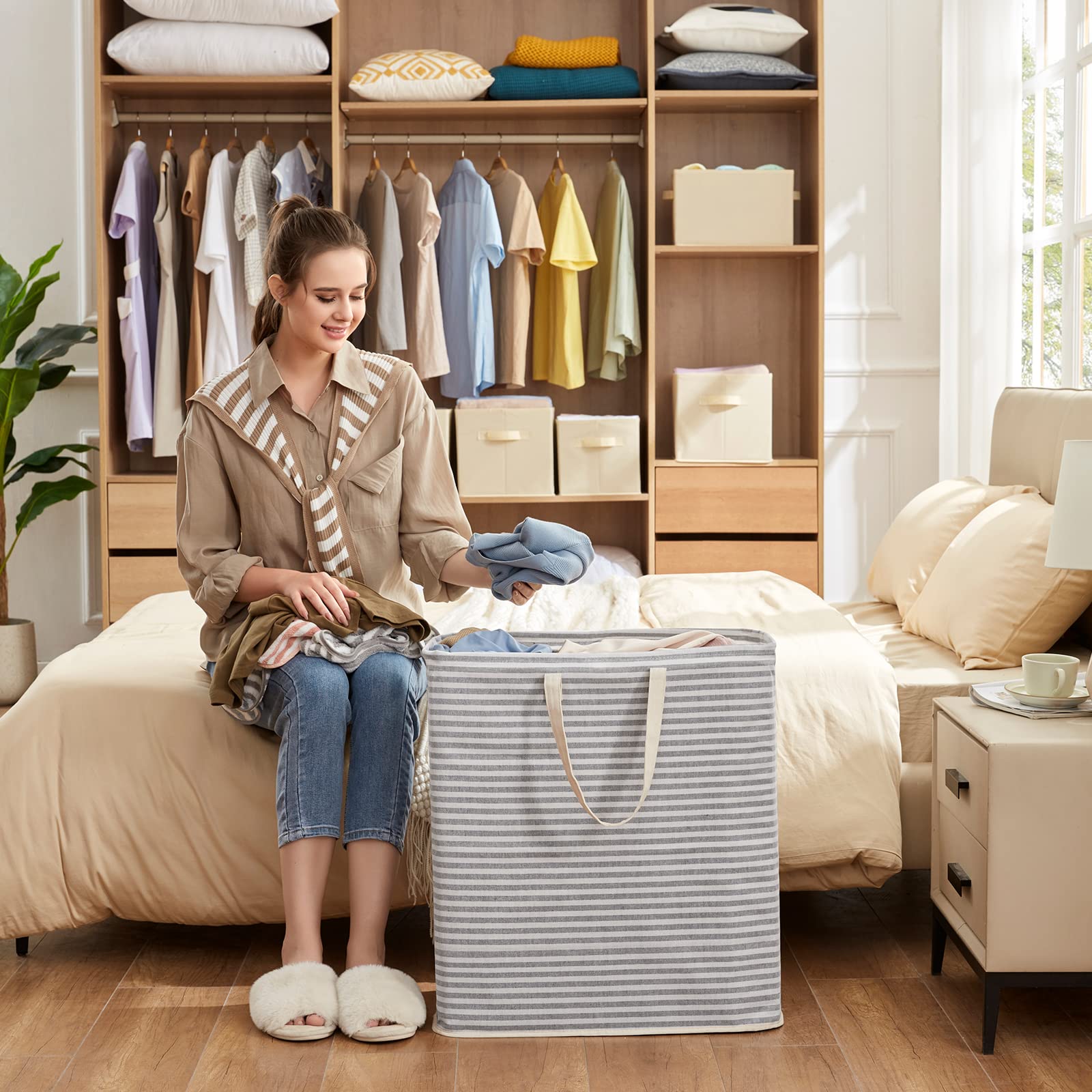 Lifewit grey laundry bin complements bedroom and laundry room decor.