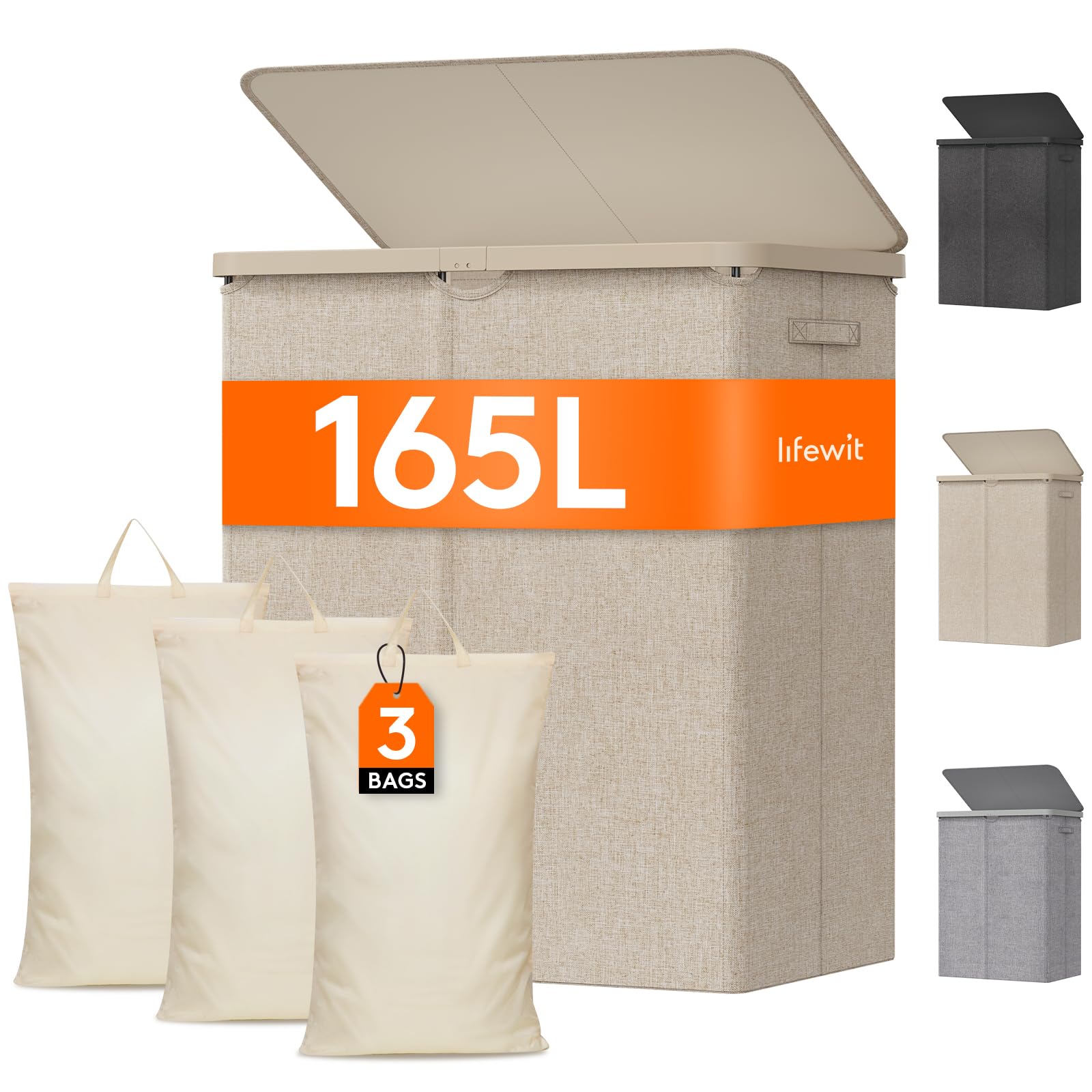 Lifewit 165L laundry basket with lid showing secure top for odor control.