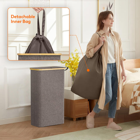 Lid design helps curb odors and keeps laundry tidy.
