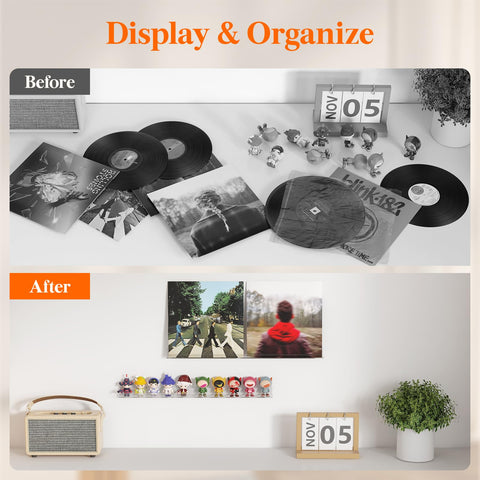 Lifewit floating shelves showing photo frames while saving wall space.