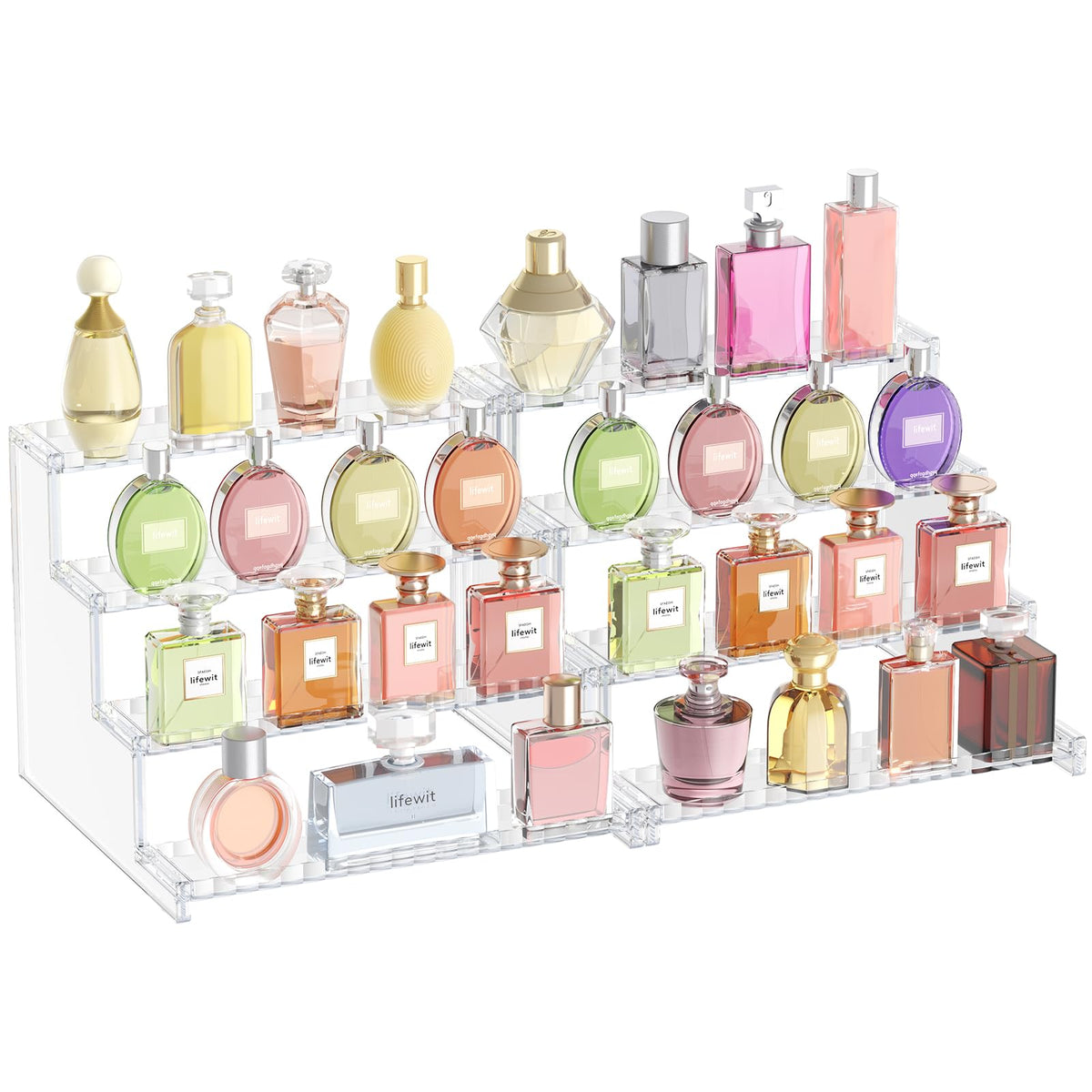 Lifewit perfume organizer fences keeps bottles secure on a stylish display.