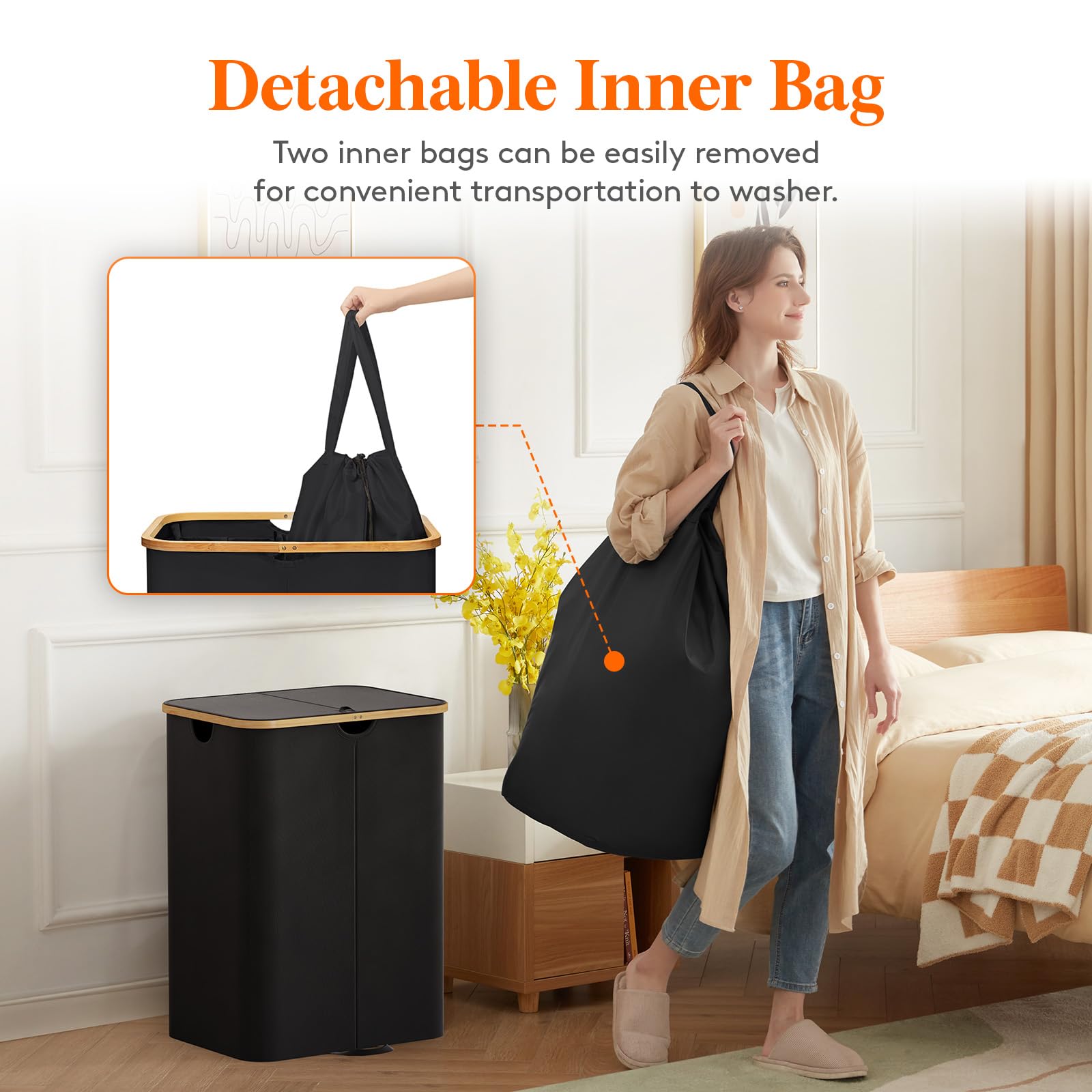 Removable inner bag for sorting and machine washing between loads.