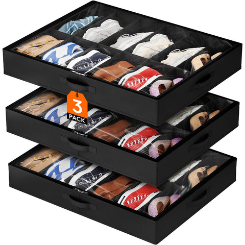 Lifewit 3-pack under-bed shoe storage with side profile showing sturdy frame for organization