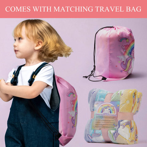 LIFEYJ pink-unicorn-travel-bag keeps the blanket organized on trips.
