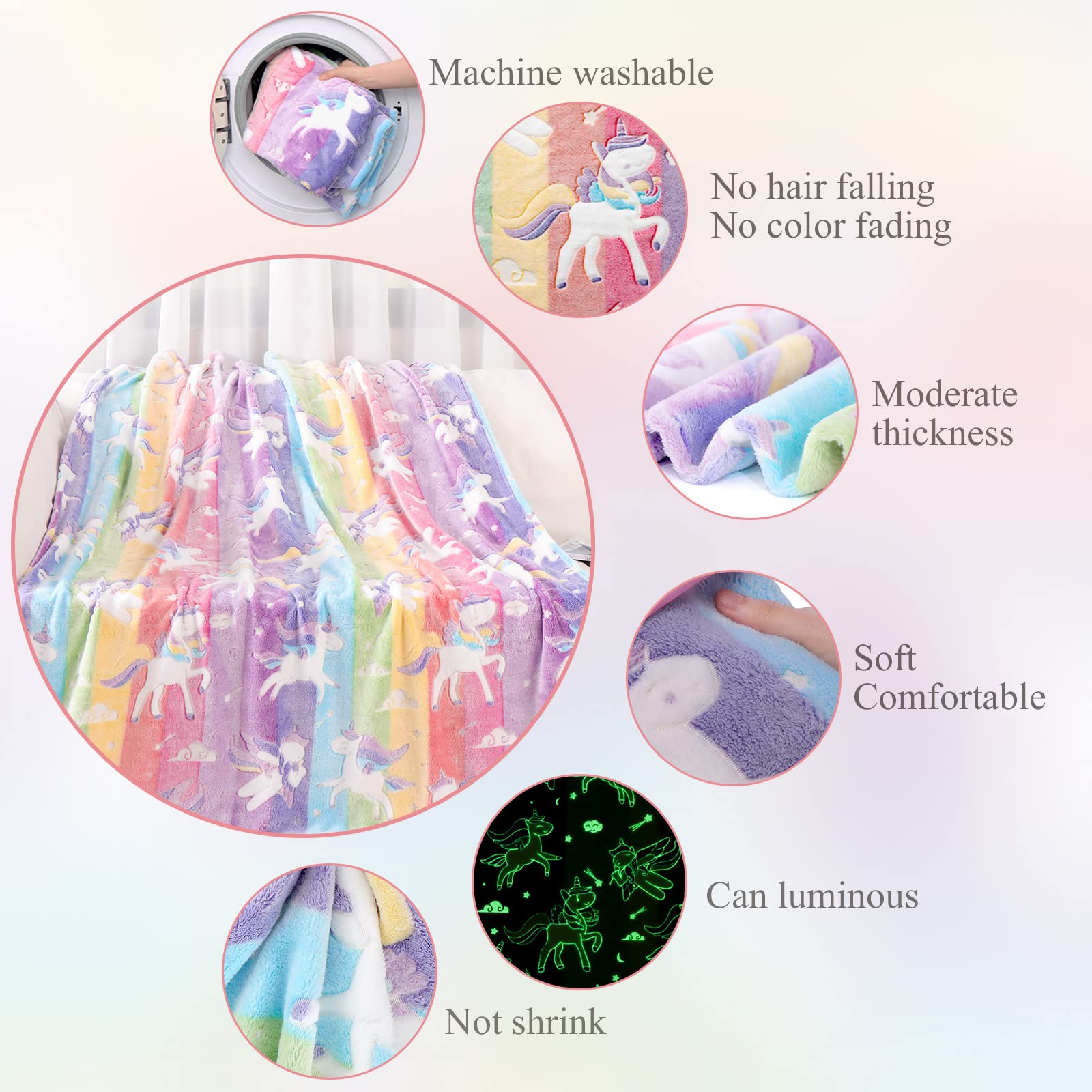 LIFEYJ rainbow-soft-blanket-detail shows vivid unicorn pattern and color.