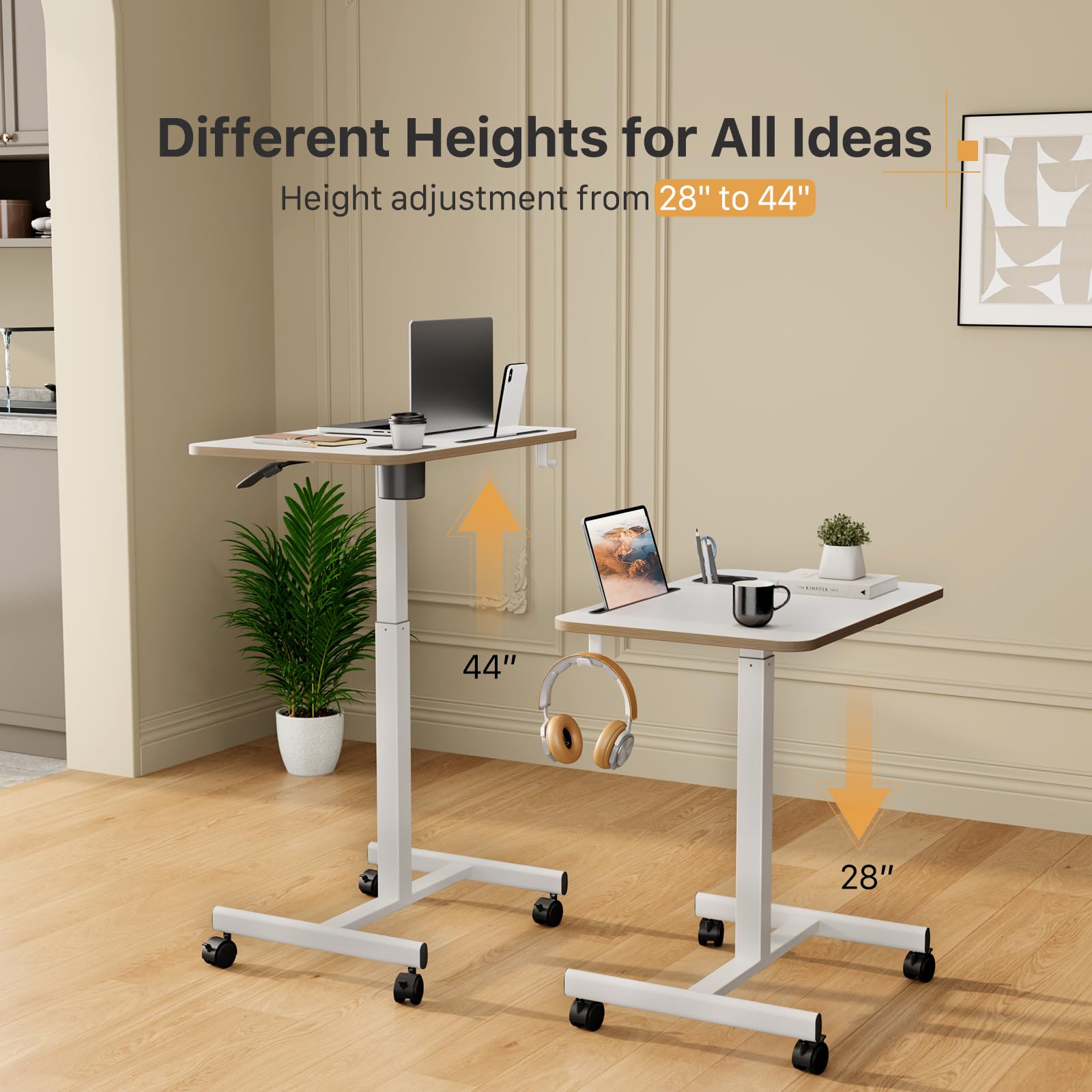 Liftsync mobile desk height adjustment in use from 27.95 to 44.09 inches.