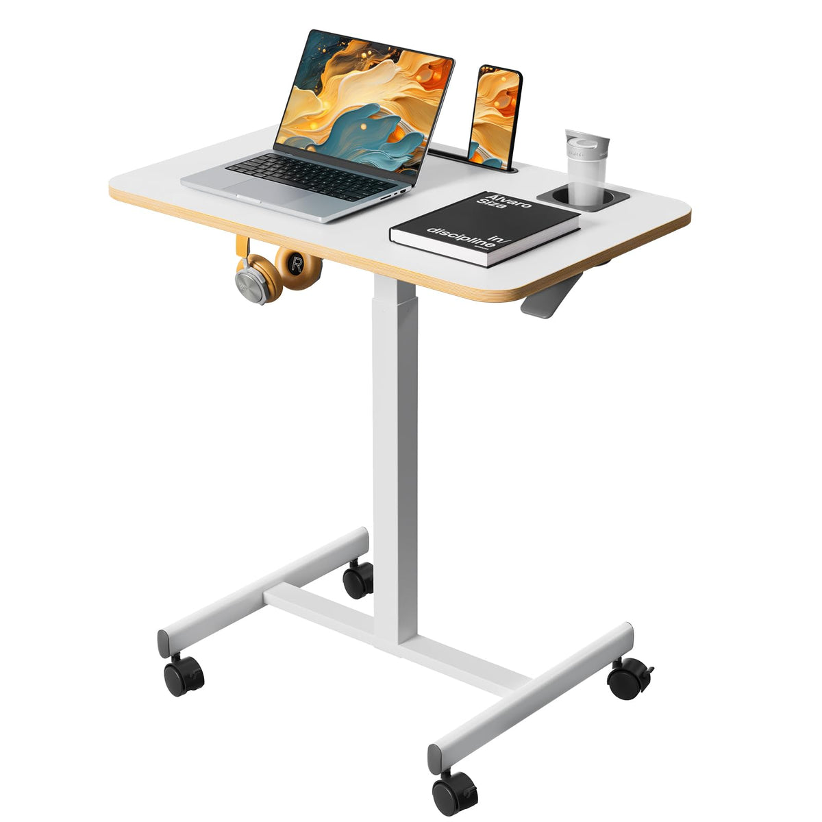 Liftsync mobile desk side view showing compact rolling frame for flexible workspaces.