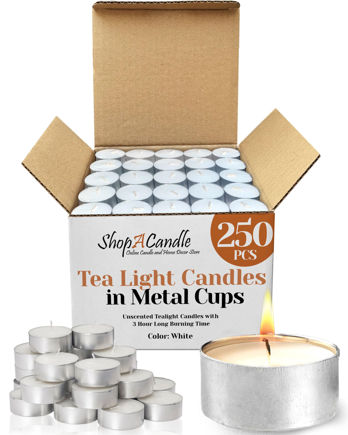 Light In The Dark 250-pack tealights in metal cups provide stable, long-lasting ambiance.