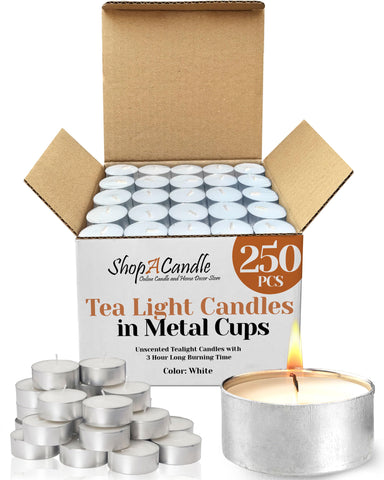 Light In The Dark 250-pack tealights in metal cups provide stable, long-lasting ambiance.