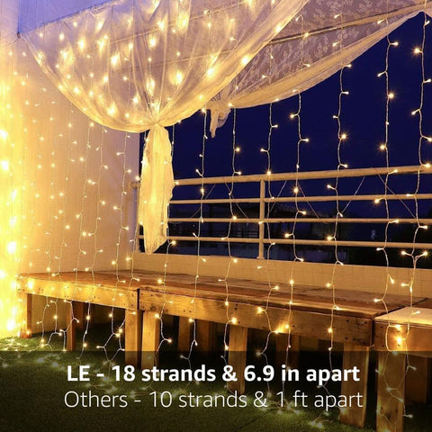 Lighting EVER 306 LED curtain lights dense display highlighting a stylish wall backdrop