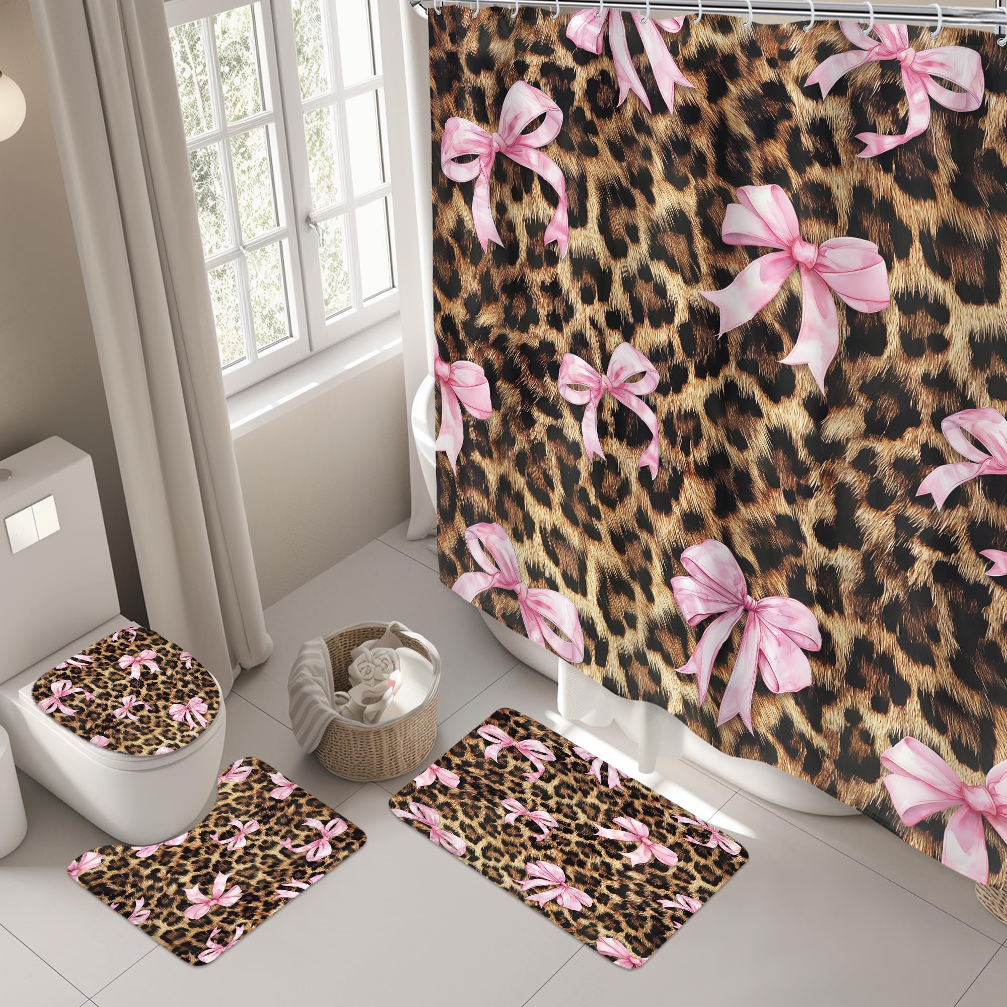 LIGHTINHOME leopard bath mat and U shaped mat for a coordinated layout