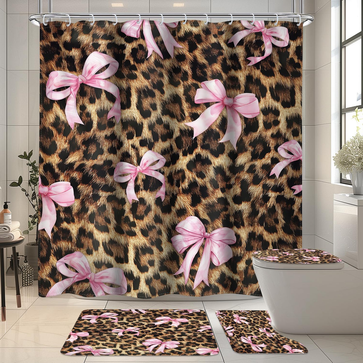 LIGHTINHOME leopard bow shower curtain with pink cheetah print adds bold style