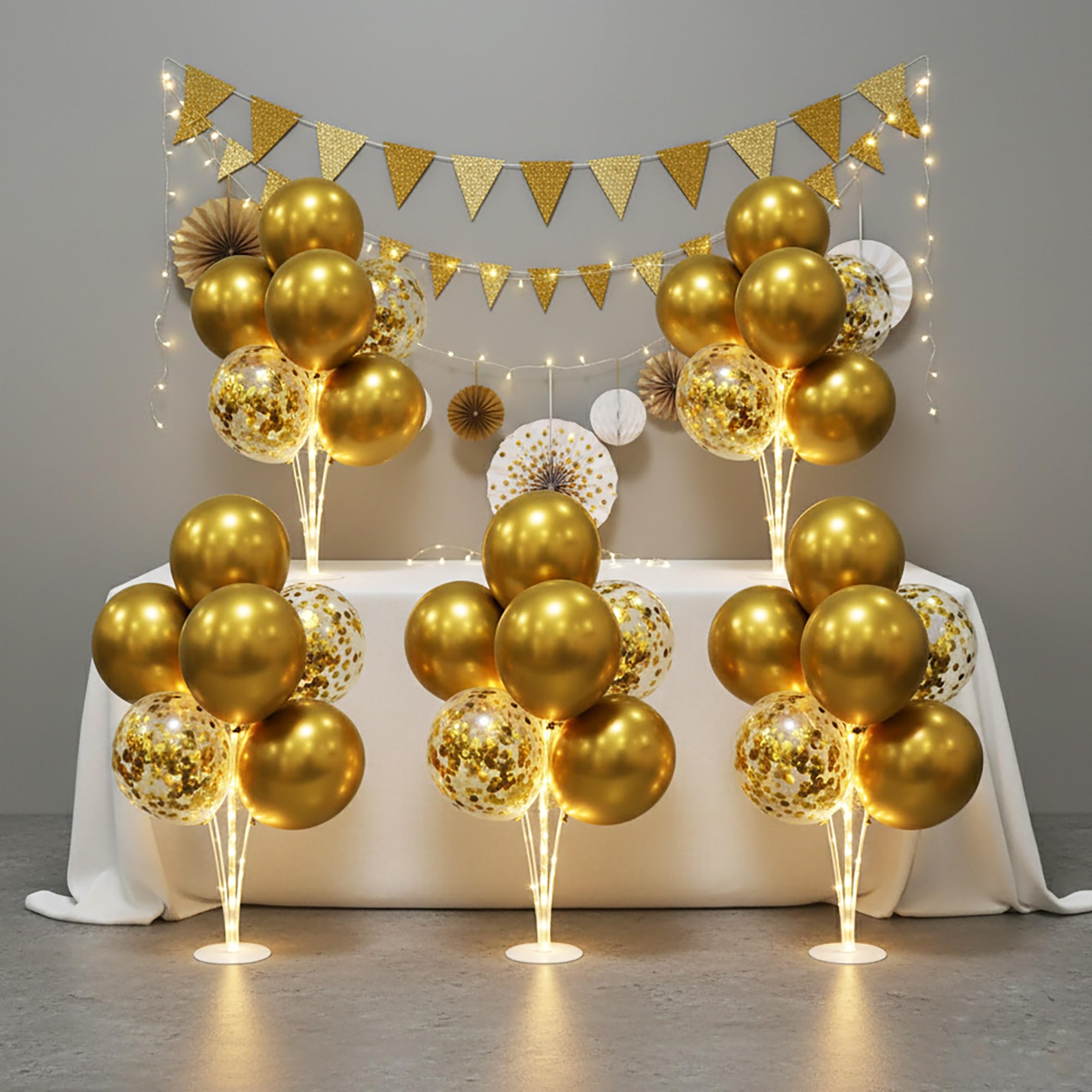 Lightsfever balloon stand kit in gold elevates table decor with a polished centerpiece.
