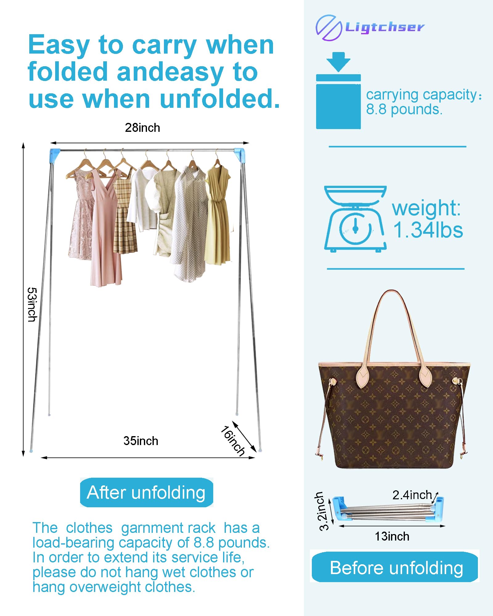 Ligtchser adjustable-height folding rack extended for taller garments