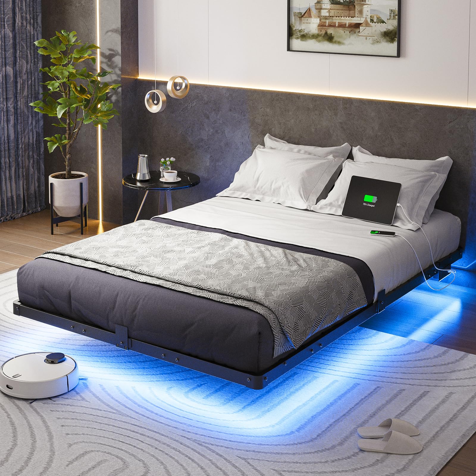 Liians full-size floating bed frame with LED lights provides modern ambiance