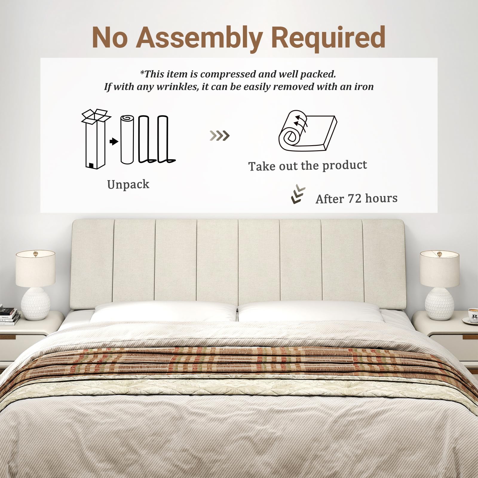 Liiwepo headboard beige linen texture enhances cozy contemporary look.