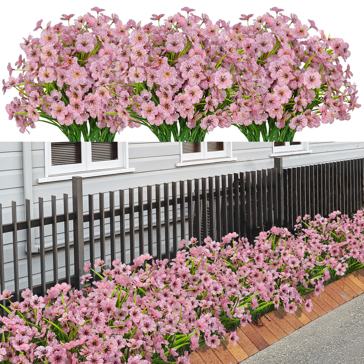 LikSoor pink outdoor artificial flowers in a pot brighten porch decor.