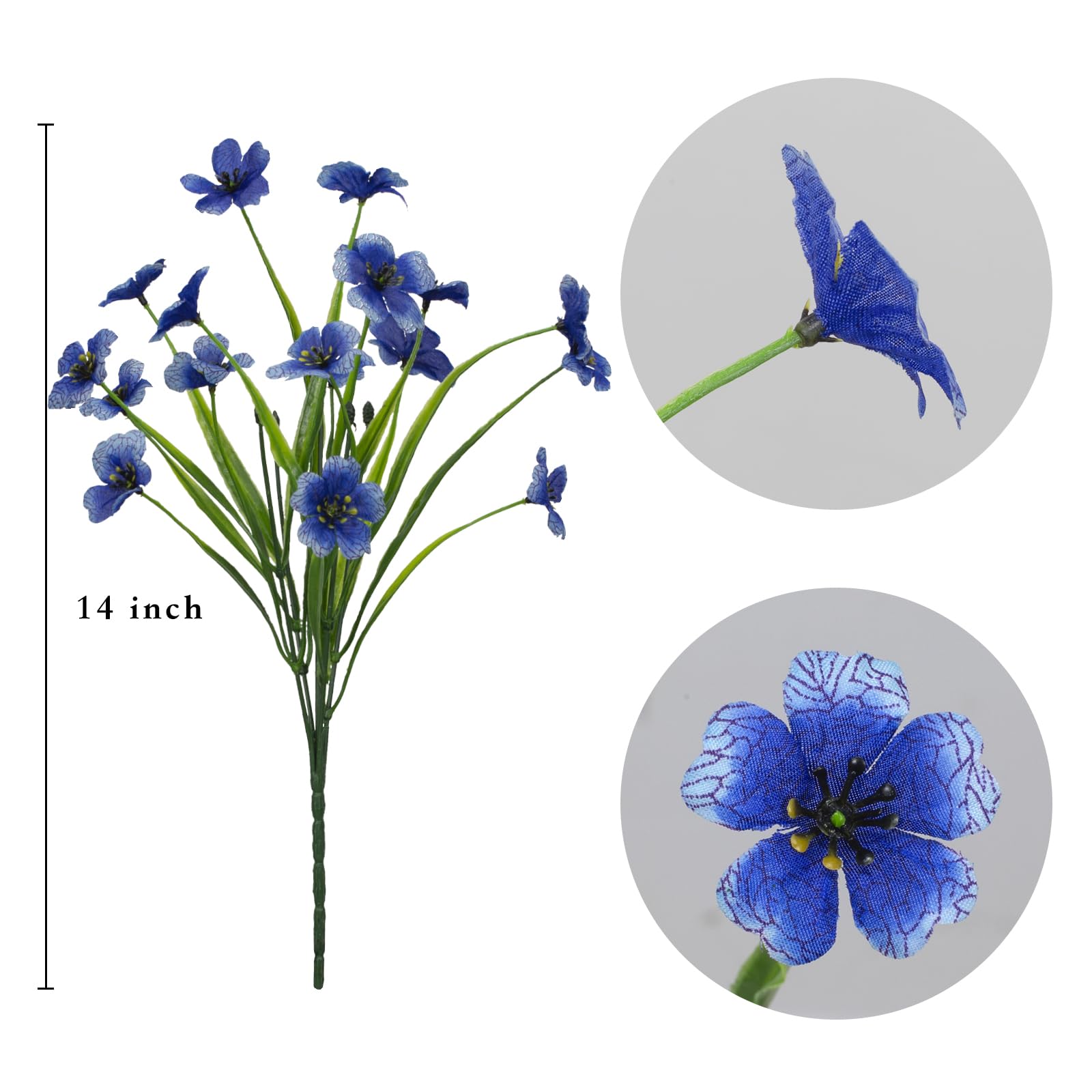 LikSoor blue artificial flowers displayed in a living room or patio scene